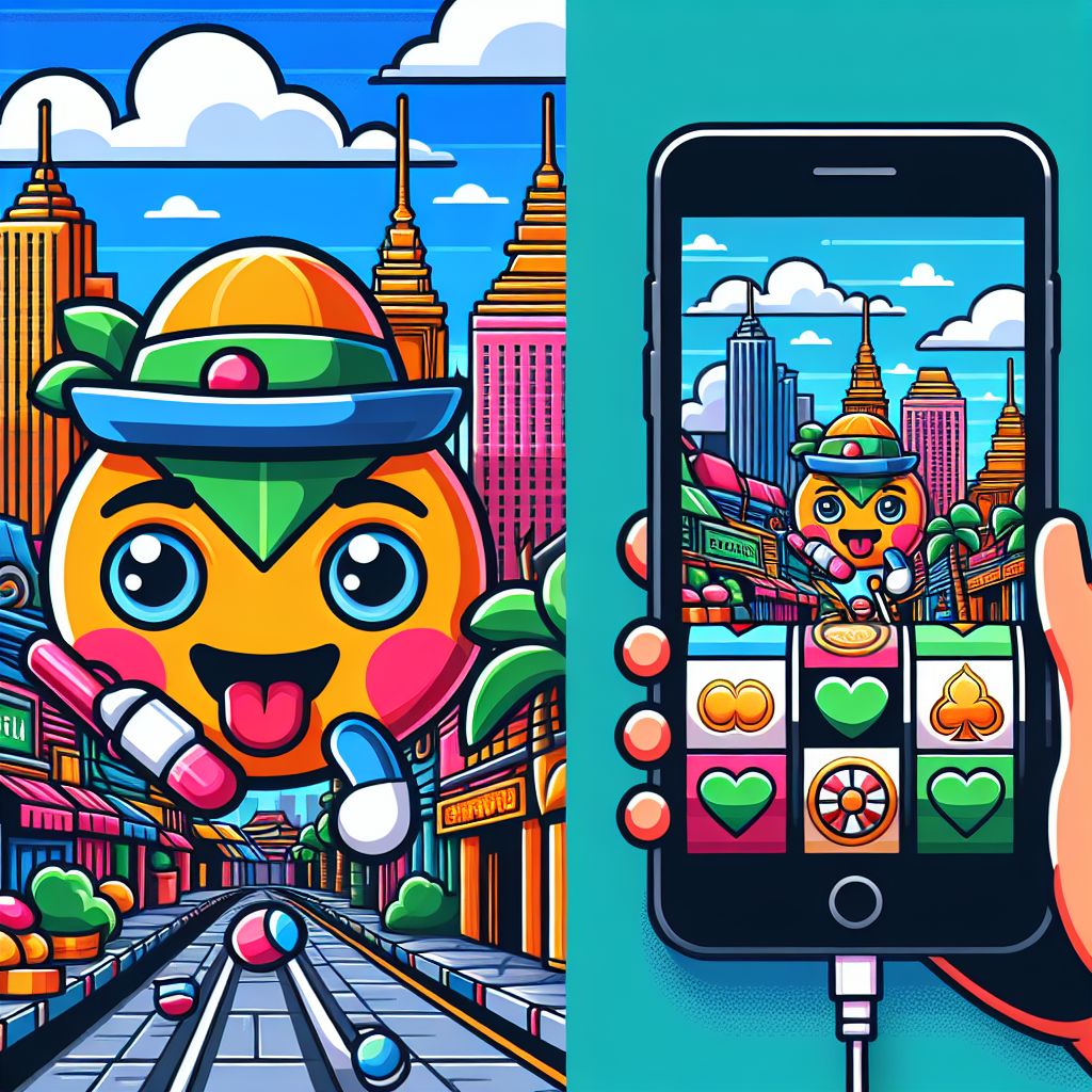 Illustrated character in Bangkok holding a smartphone with a casino-style app interface