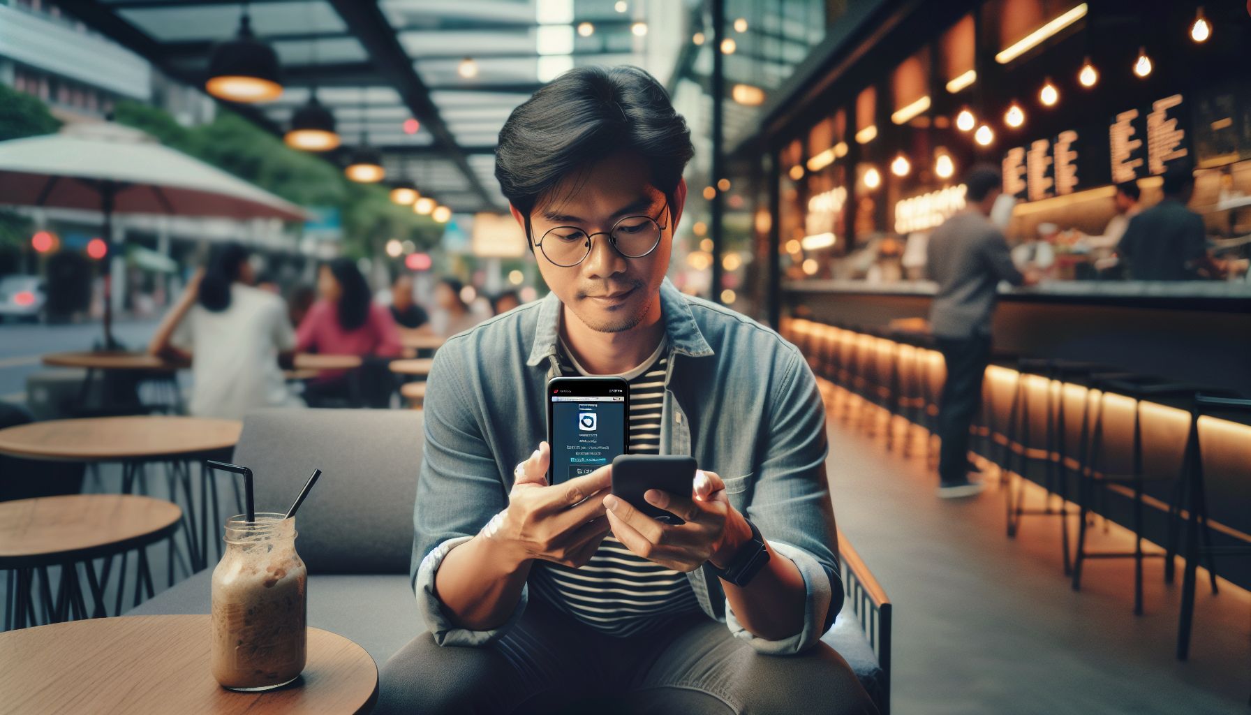 Person using PromptPay on a smartphone with a Thai bank app open in a Bangkok cafe