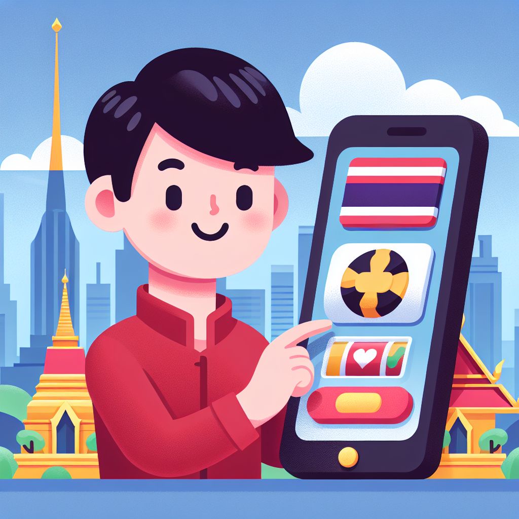Illustrated character in Thailand holding a smartphone with slot icons and Thai landmarks